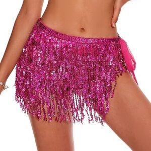 Pink Belly Dance Tassel Sequin Fringe Rave Skirt Scarf